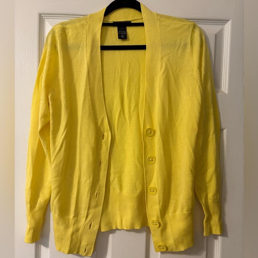 New York & Company Yellow Cardigan Sweater V-Neck Ribbed Knit
